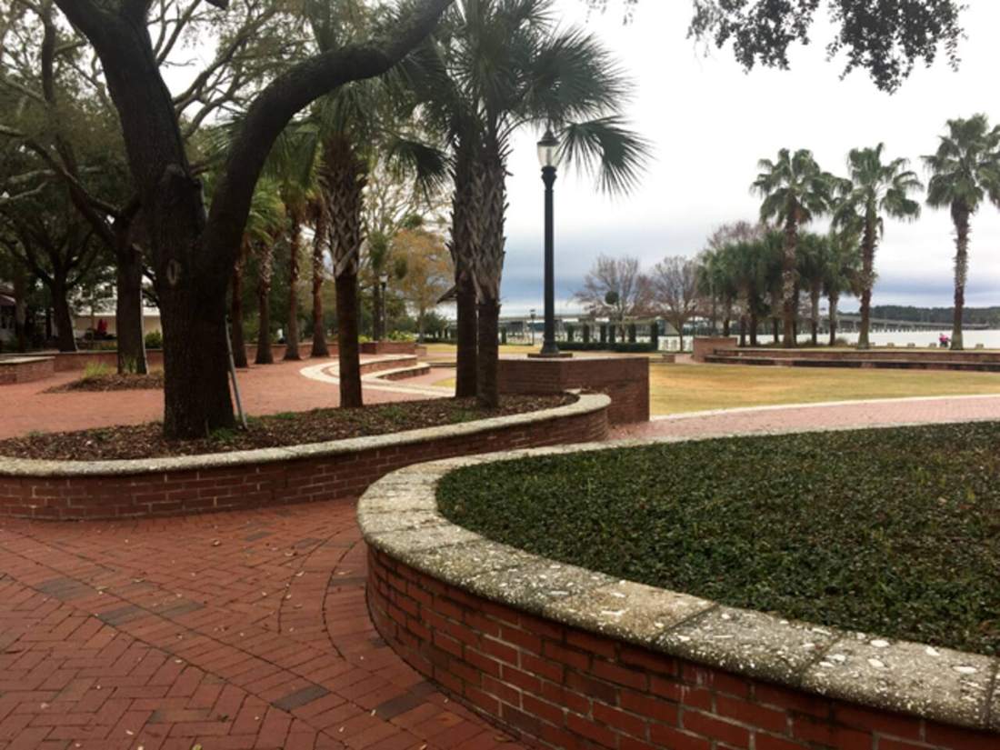 Brick path under live oaks along the Beaufort waterfront
